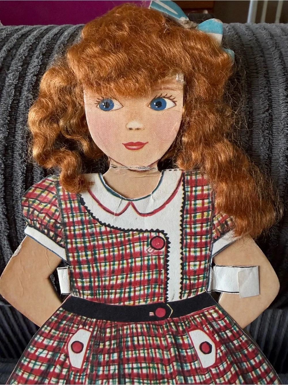 Vintage Paper Doll with Red Plaid Dress and Interchangeable Outfits and Hair